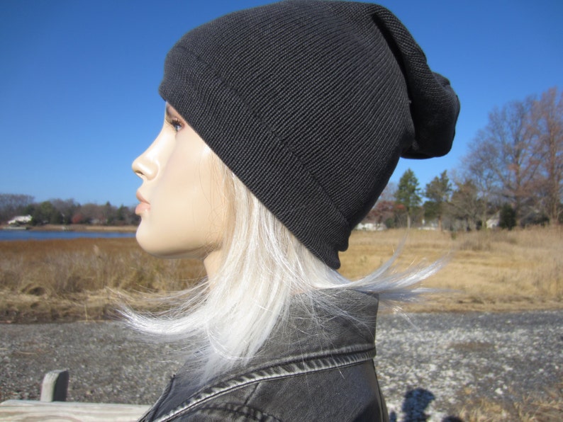 Edgy Bohemian Clothing Slouchy Beanie Black Leather Corset Lace Ties Acid Washed Cotton Knit Hat Musician Rocker Men /& Women A1348
