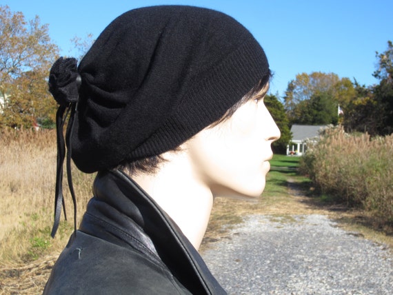 Black Cashmere Hat Men's Slouchy Beanie 100% Pure Cashmere Knit