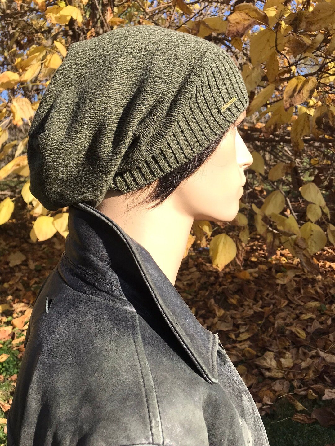 Men's Cotton Knit Hats Olive Green Knit Slouchy Beanie Tam Bohemian