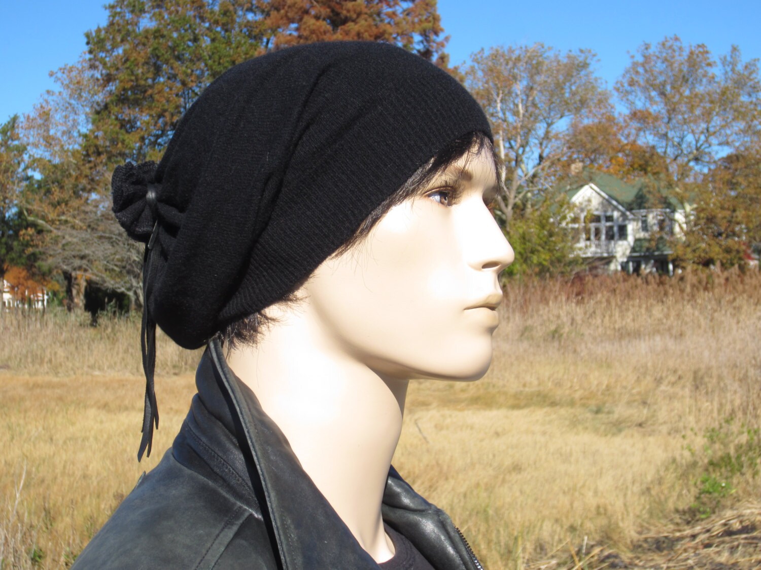 Black Cashmere Hat Men's Slouchy Beanie 100% Pure Cashmere Knit