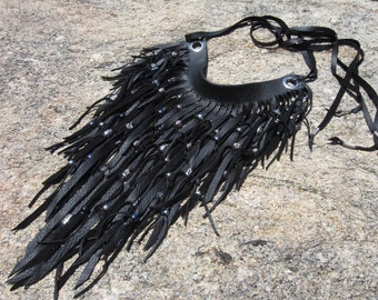 Black Leather Fringe Necklace Statement Piece Scarf Beaded Neck Cuff Bib Edgy Rocker Style Clothing Sexy Club Wear L2010