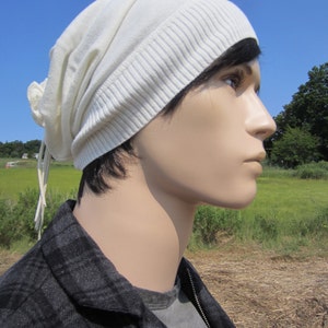 Men's Slouchy Beanie Hat Ivory Lightweight Hat Cotton Cream Tie Long Back Tam A1432