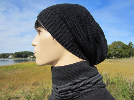Bonnet noir homme chaud hiver chapeau Tam ample épais tricot Baggy
