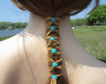 2 Suede Hair Wraps Ponytail Holders Beaded Bead Braid in Extensions Brown Turquoise Blue Z106