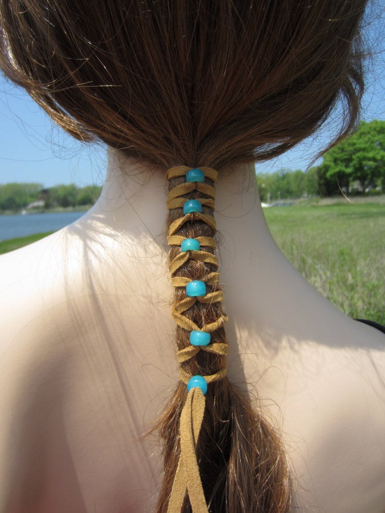 Leather Hair Ties Wraps Ponytail Holders Beaded Bead Extensions Black Brown Turquoise Blue Bohemian Clothing Suede Hair Accessories Z106 image 2