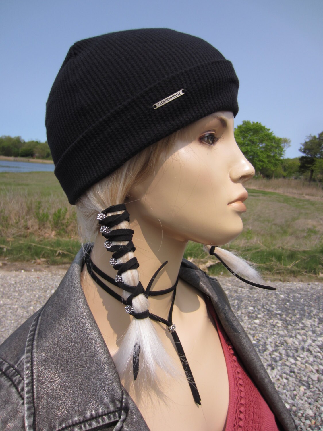 Skullcap Black Thermal Knit Top Beanie Hat Cotton Lightweight