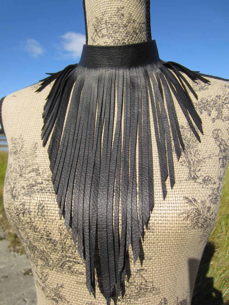 Leather Fringe Bib Necklace, Black Leather Scarf Jewelry Sexy Rocker Clubwear Choker Big Statement Pieces L2007 image 5