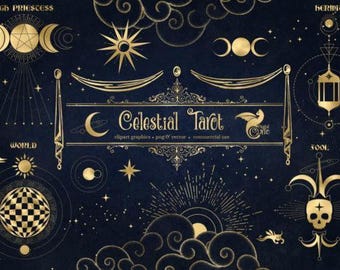 Gold Foil Celestial Tarot Graphics: Mystical PNG SVG Bundle