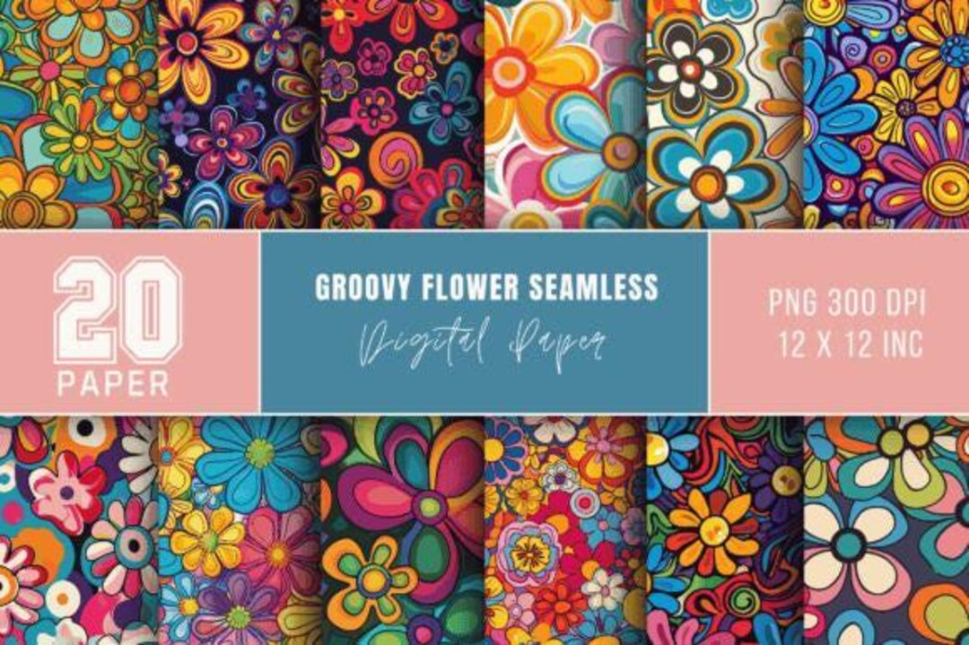 Retro Floral Digital Paper Bundle: 20 Groovy Seamless PNG Backgrounds ...
