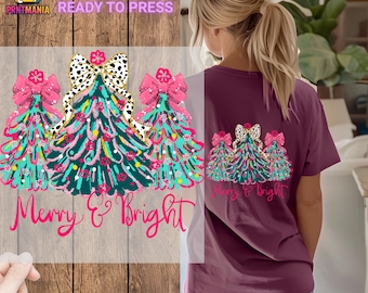 Merry & Bright DTF Transfer: Pink Christmas Tree, Retro Holiday Print