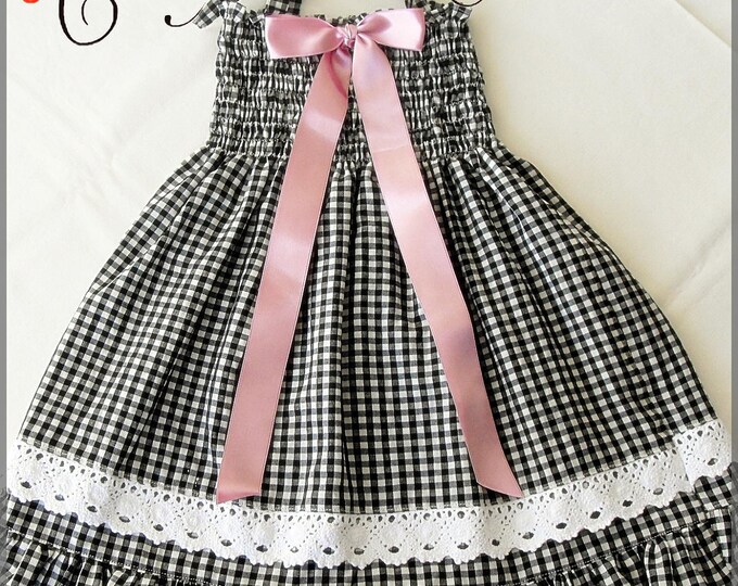 Girls Black and White Gingham Dress With Pink Satin Etsy