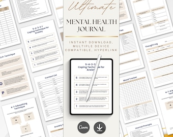 Diario de salud mental / Cuaderno de autocuidado y terapia editable en Canva / Seguimiento diario del estado de ánimo / Planificador de bienestar en PDF / Diario de ansiedad