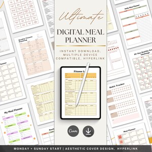 Planificateur de repas numérique | Plan de repas hebdomadaire et liste de courses | Journal culinaire éditable sur Canva | Modèle PDF de préparation de repas | Suivi nutritionnel