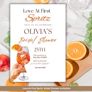 Invitación de despedida de soltera "Amor a Primera Vista" con naranja, plantilla editable de Canva, invitación de novia imprimible, invitación con temática cítrica