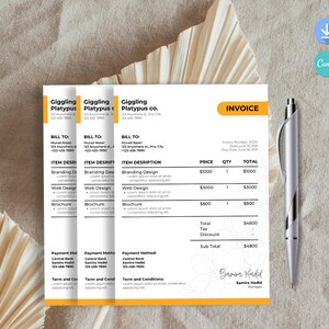 Invoice Template Editable in Canva | Printable PDF Business Invoice, Simple Billing Receipt, Small Business Invoice Design, Service Provider