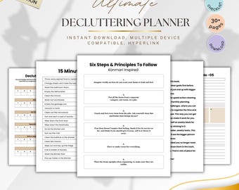 May include: A decluttering planner with the text "Ultimate Decluttering Planner" and "Instant Download, Multiple Device Compatible, Hyperlink." The planner includes checklists and over 30 pages. The cover design is aesthetic.