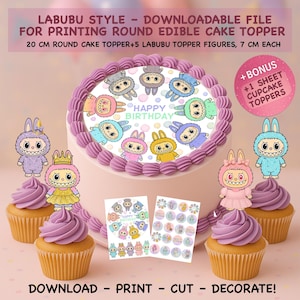 Round Cake Topper PDF | Happy Birthday Circle + 5 Labubu Characters + Cupcake Toppers Sheet | Digital Party Decor