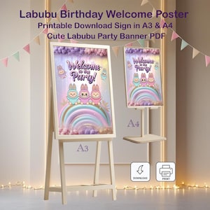 Labubu Birthday Welcome Poster – Printable Download Sign in A3 & A4 – Cute Labubu Party Banner PDF