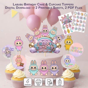Labubu Birthday Cake Topper Set: Happy Birthday + Characters (PDF Download)