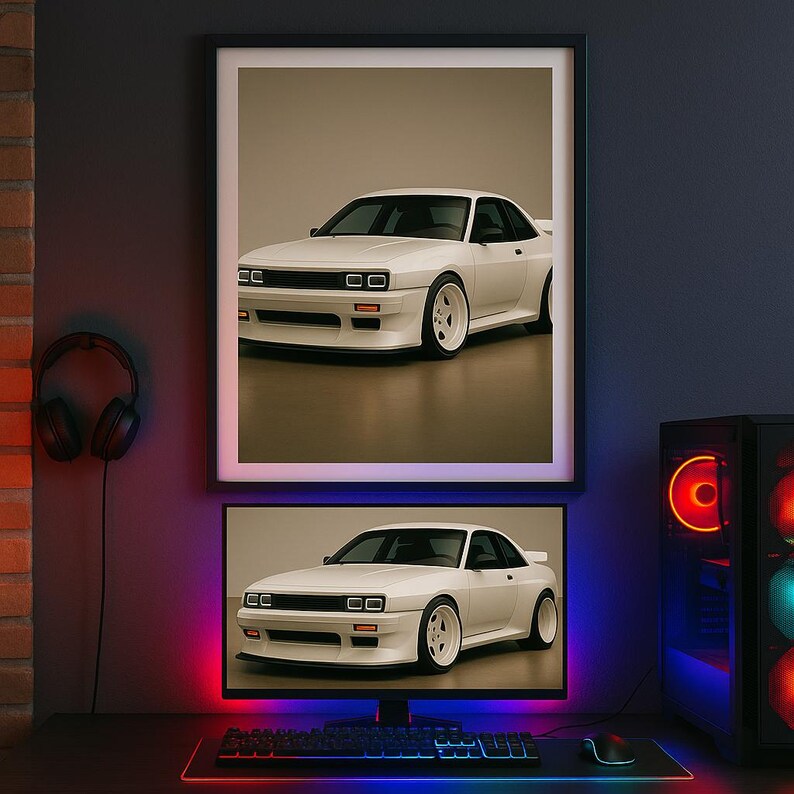 Computer Build In Car Rim Retro JDM Widebody Tuning Car Poster – White Sports Coupé With Bodykit ...