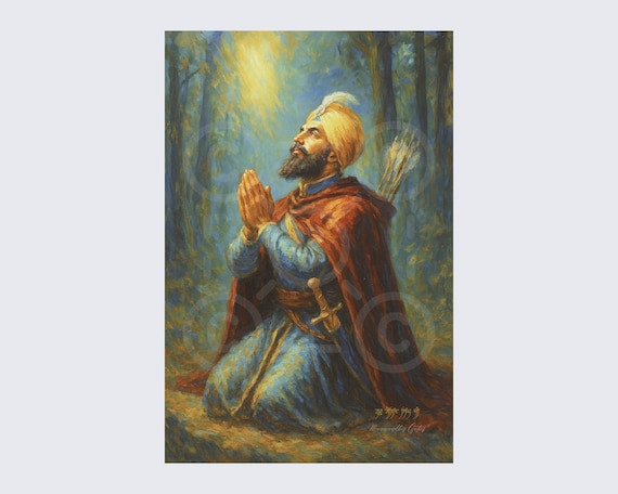 Guru Gobind Singh Ji Praying Wall Art | Oil-Style Spiritual Exclusive Print | Divine Light Forest Scene | Premium Sikh Digital Download |
