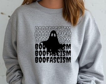 Sudadera de Halloween I Suéter antifascista BOOFASCISM I Jersey de sátira política espeluznante con fantasma negro I Gildan 1800 I Hecho en Alemania