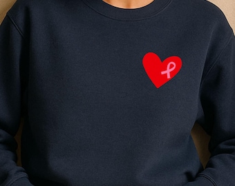 Heart Ribbon Navy Sweatshirt | Hand-Drawn Red Heart Chest Print | Breast Cancer Awareness Gildan 1800 I Made in Germany