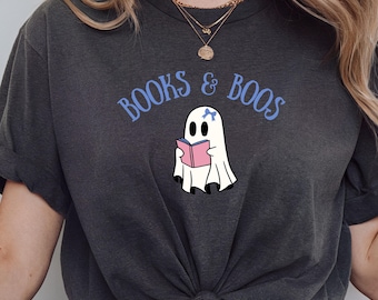 Camiseta de libros y abucheos / Camiseta unisex de Halloween Bella Canvas 3001 gris jaspeado / Camiseta de fantasma con libro, espeluznante y literaria. Hecha en EE. UU.