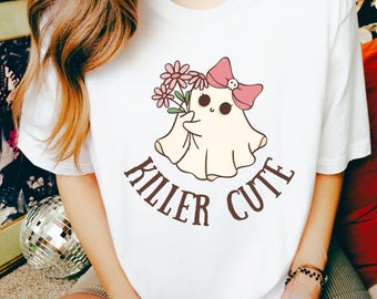 Camiseta de fantasma asesino / Camiseta unisex de Halloween Bella Canvas 3001 / Camiseta estética espeluznante con lazo y flores. Hecha en EE. UU.