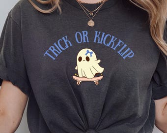 Camiseta de truco o kickflip / Camiseta de Halloween Bella Canvas 3001 gris jaspeado / Linda camiseta de patineta fantasmal Patinador espeluznante Hecho en Alemania