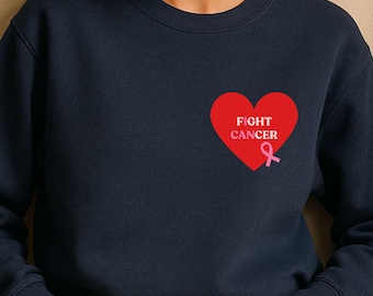 Fight Cancer Navy Sweatshirt | Red Heart Chest Print | Breast Cancer Awareness Gildan 1800 I Made in Germany