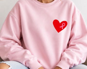 Heart Ribbon Pink Sweatshirt | Hand-Drawn Red Heart Chest Print | Breast Cancer Awareness Gildan 1800 I Made in Germany