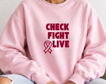 Check Fight Live Pink Sweatshirt | Bold Ribbon Typography | Breast Cancer Awareness Gildan 1800 I Made in Germany