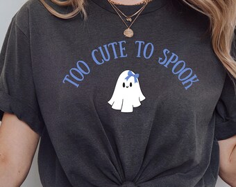Camiseta "Demasiado linda para asustar" / Camiseta unisex de Halloween Bella Canvas 3001 gris jaspeado / Camiseta "Espectro lindo" para la temporada espeluznante, hecha en EE. UU.