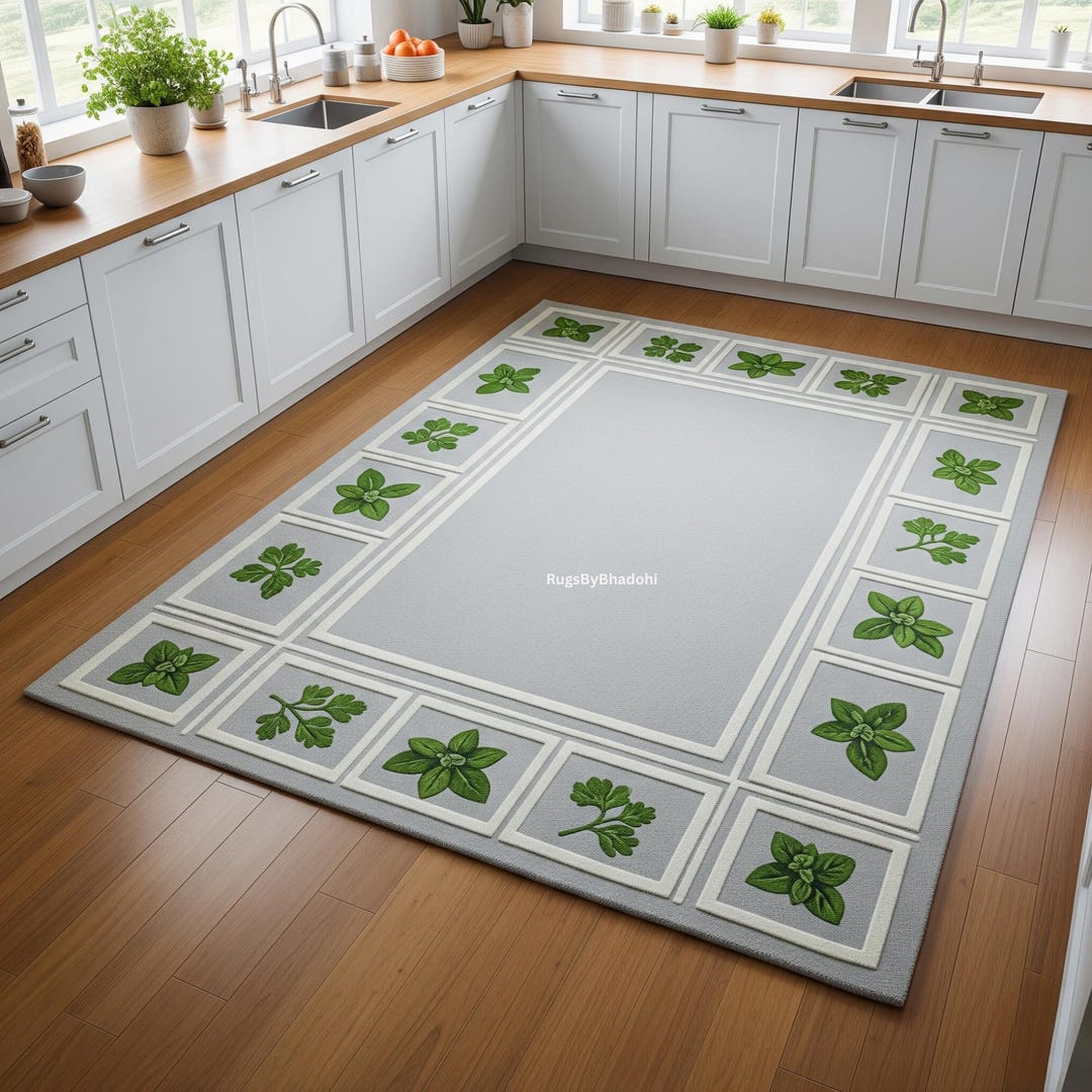Wool Kitchen Rugs Hand-tufted Wool Kitchen Rug: Botanical Herb Design - Etsy