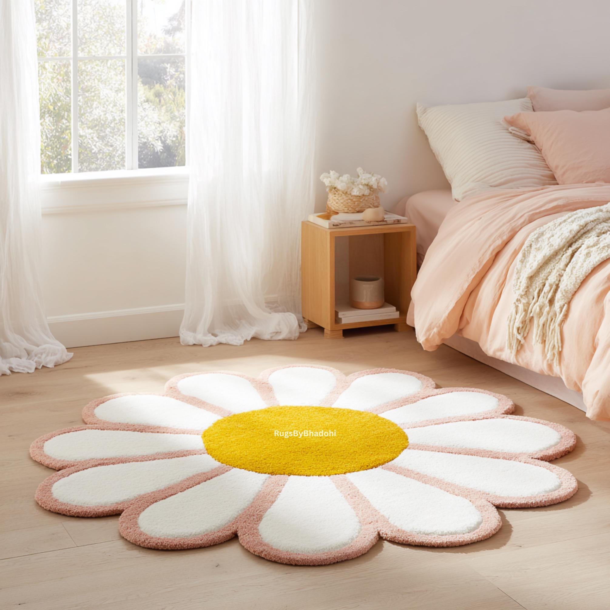 Hand-tufted Wool Daisy Rug: White, Yellow, and Pink Floral Design