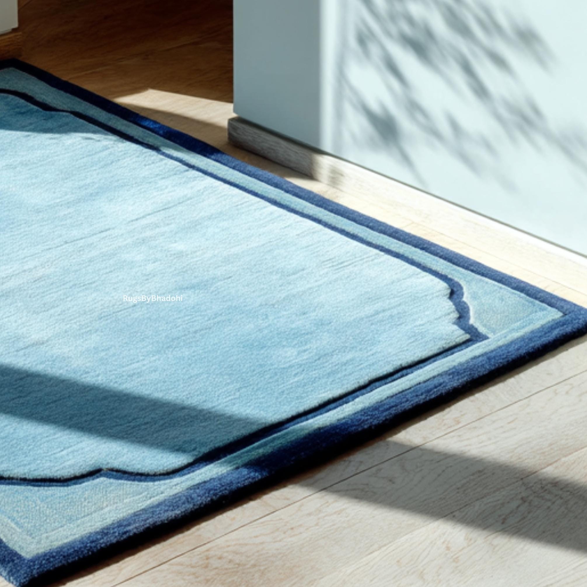 Blue Bordered Rug Minimalist Blue Border Rug – Hand Tufted Wool Carpet in Soft Sky & Navy ...