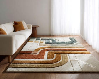 Hand-Tufted Wool Rug: Abstract Multi-Color Design, Mid-Century Modern