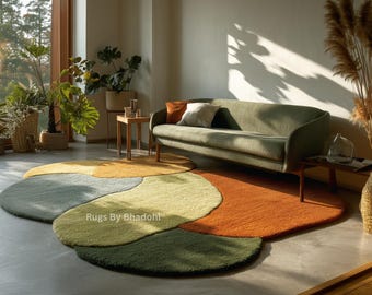Modern Multi Color Irregular Shape Hand Tufted Wool Rug | Retro Earth Tones Abstract Rug For Home Decor | Custom Sizes Available