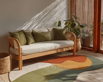 Alfombra de lana irregular en tonos tierra, tejida a mano. Moderna y abstracta, ideal para sala de estar, balcón y oficina. Tamaños personalizados disponibles.