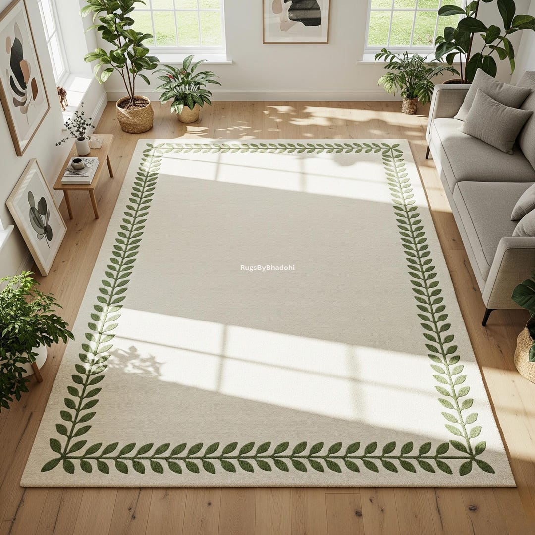 Wool Rug Bordered Design Hand-tufted Wool Rug: Botanical Leaf Border, Modern Neutral Design - Etsy