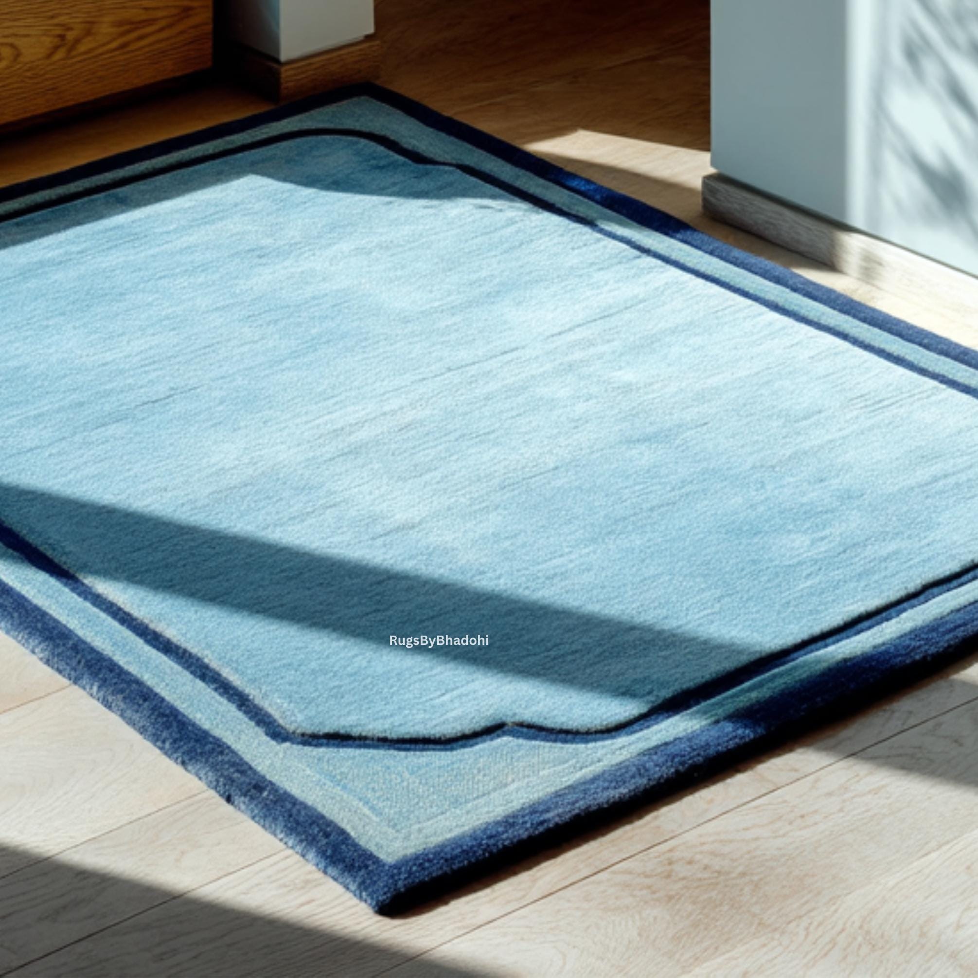 Blue Bordered Rug Minimalist Blue Border Rug – Hand Tufted Wool Carpet in Soft Sky & Navy ...