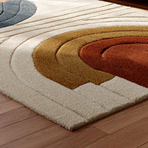 May include: A close-up of a beige, brown, and rust-colored area rug with a circular design. The rug features concentric arcs in shades of beige, gold, and rust, with a section of blue-gray. The rug is on a wooden floor.