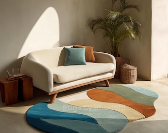 Modern veelkleurig handgetuft wollen vloerkleed met onregelmatige vorm | Tapijt met abstracte kusttinten voor woondecoratie | Verkrijgbaar in aangepaste formaten