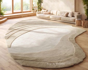 Sculptural Sand Dune Wool Rug: Hand-Tufted Beige Organic Rug
