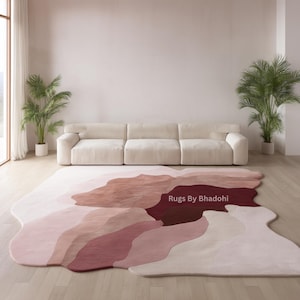 Modern Abstract Irregular Shape Hand Tufted Wool Rug | Pink, Blush, and Burgundy Layered Design Rug for Living Room, Bedroom, And Home Decor
