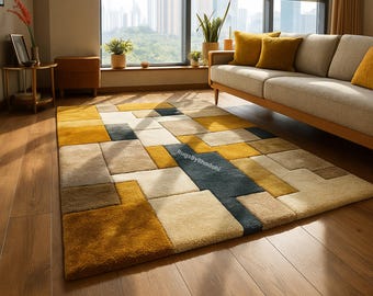 Hand-Tufted Wool Rug: Patchwork Geometric Design, Custom Size Available