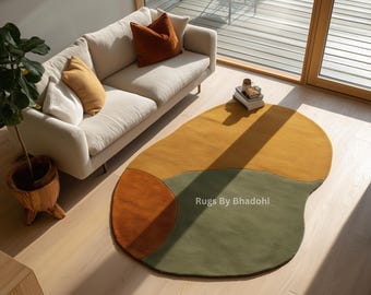 Alfombra moderna de lana multicolor con forma irregular, hecha a mano, con mechones abstractos en tonos tierra para la decoración de la sala de estar, tamaños personalizados disponibles.