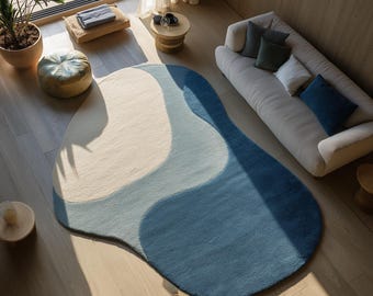 Hand Tufted Wool Rug: Modern Blue Abstract Irregular Shape