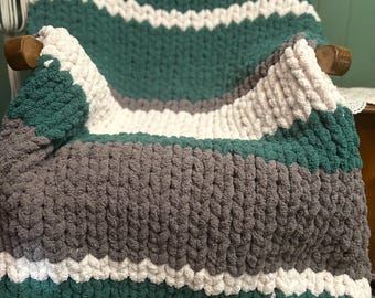 Cozy Chenille Throw Blanket-Green, Grey & White-Handcrafted Chunky Knit Home Accent